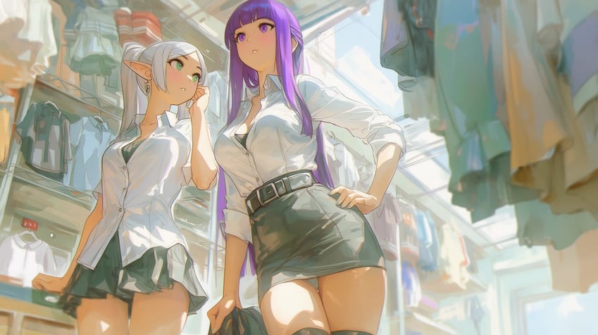 2girls, alt_text, belt_buckle, breasts, buckle, cowboy_shot, elf, fern_(sousou_no_frieren), frieren, from_below, green_eyes, green_skirt, hand_on_own_face, hand_on_own_hip, indoors, long_hair, looking_at_another, medium_breasts, multiple_girls, parted_lips, pencil_skirt, pointy_ears, purple_eyes, purple_hair, refisan, shirt, shirt_tucked_in, shop, shopping, skirt, sousou_no_frieren, turning_head, unworn_shirt, waist_belt, white_hair, white_shirt, zettai_ryouiki