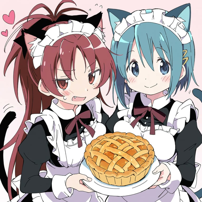 2girls, animal_ears, apron, black_tail, blue_eyes, blue_hair, blue_tail, breasts