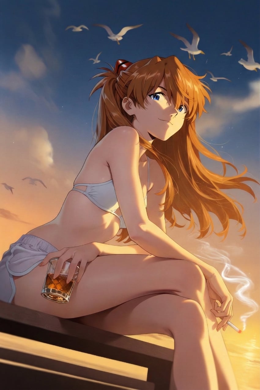 1girl, absurdres, alcohol, armpit_crease, bare_shoulders, bird, blackthrone_ai, blue_sky