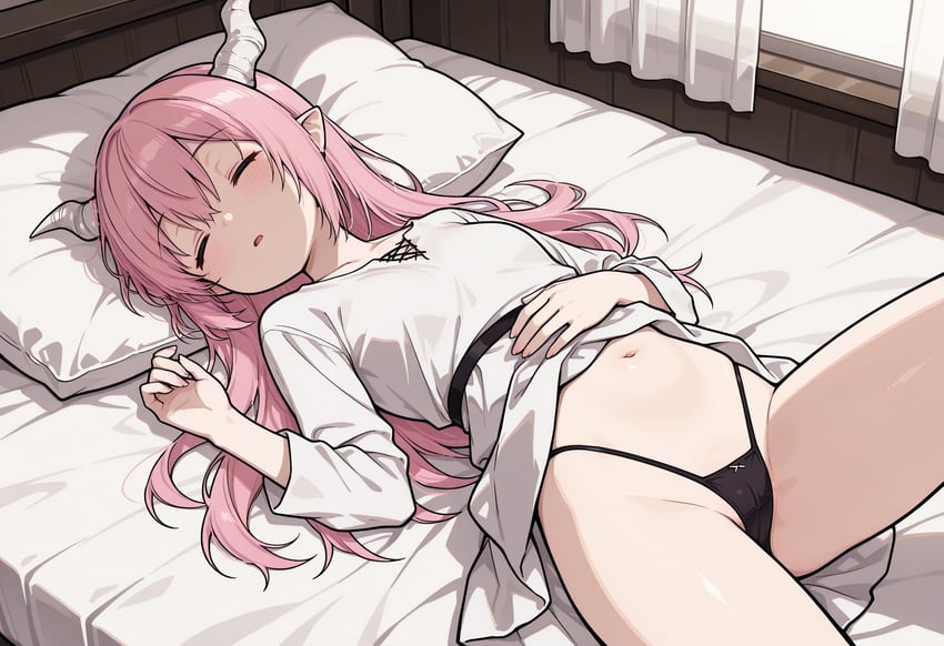 1girl, alternate_hair_length, alternate_hairstyle, bed, black_panties, breasts, cameltoe, closed_eyes, clothes_lift, curtains, demon_girl, demon_horns, dress, dress_lift, hand_on_own_stomach, head_on_pillow, highleg, highleg_panties, highres, horns, indoors, jung_(sousou_no_frieren), knee_up, long_hair, long_sleeves, lying, massbrainimpact, navel, non-web_source, on_back, on_bed, panties, parted_lips, pillow, pink_hair, pointy_ears, self-upload, sleeping, small_breasts, solo, sousou_no_frieren, string_panties, thong, underwear, wai-illustrious-sdxl, white_dress, window