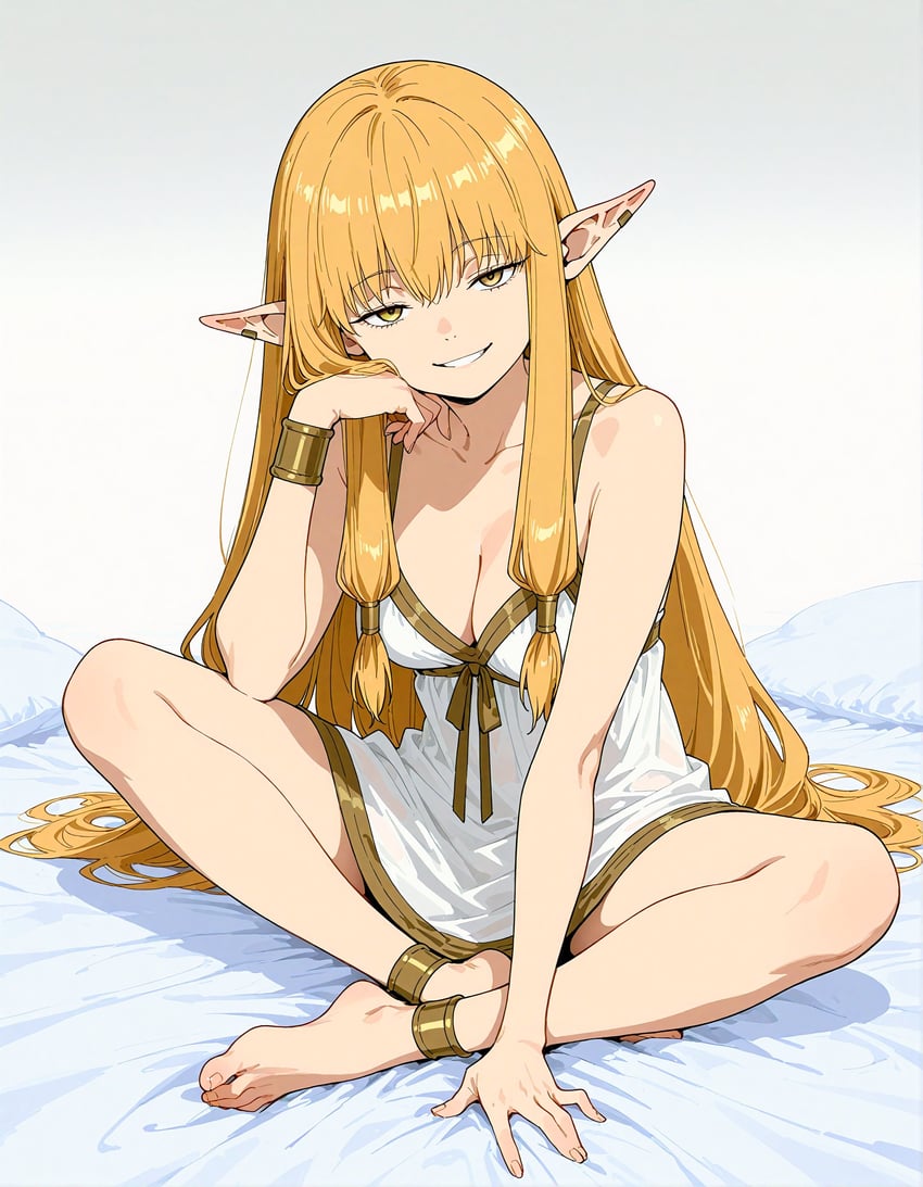 1girl, absurdres, anklet, arm_support, bare_shoulders, barefoot, bed_sheet, blonde_hair