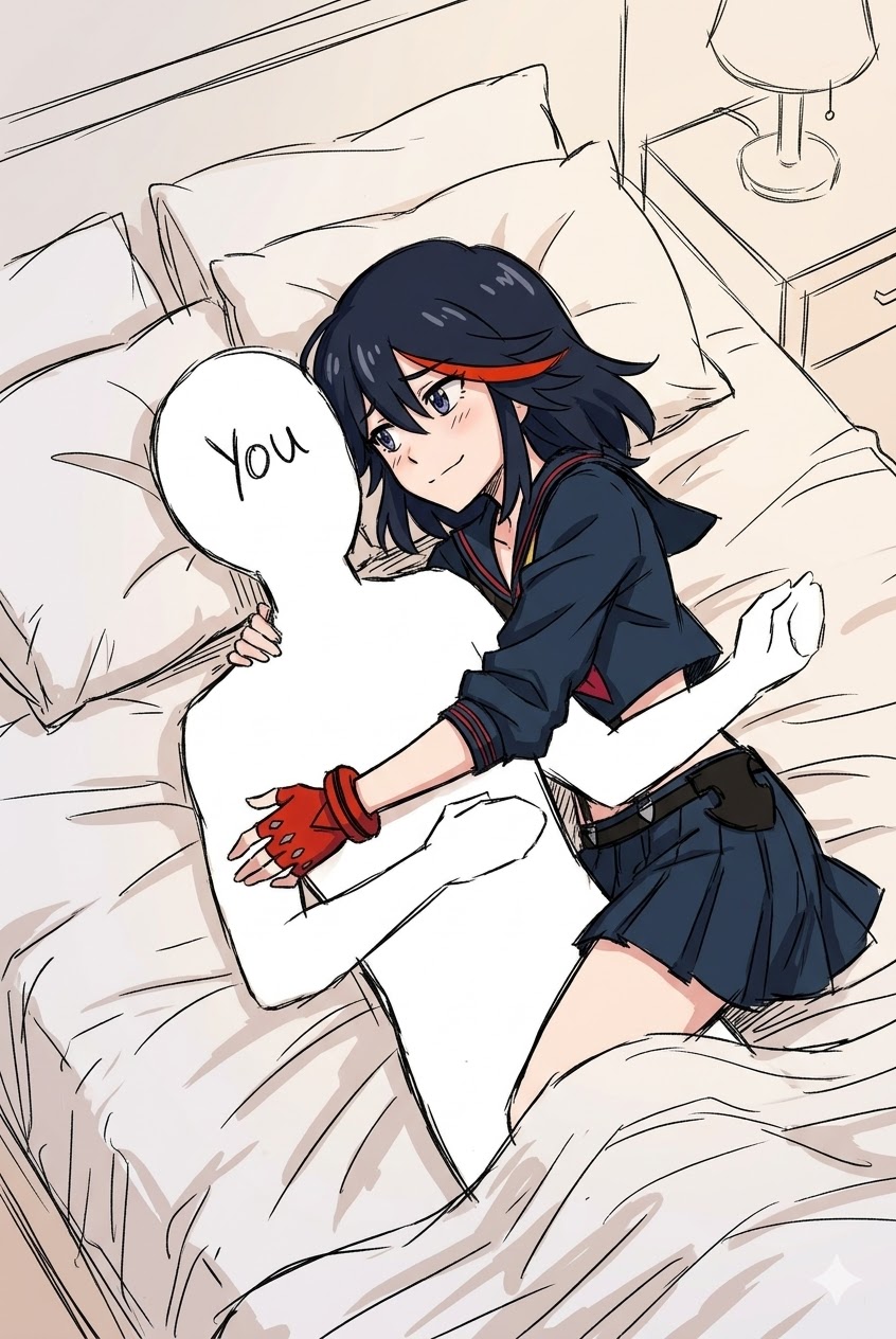 1girl, 1other, bed_sheet, black_hair, blue_eyes, blue_shirt, blue_skirt, blush