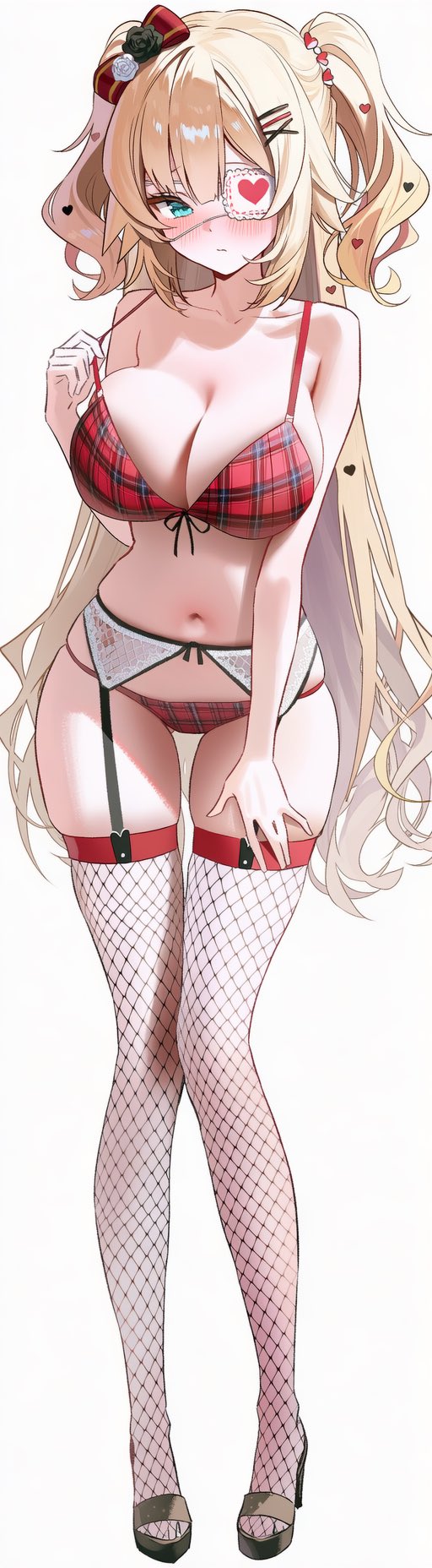 1girl, akai_haato, alternate_hairstyle, aqua_eyes, bare_arms, bare_shoulders, black_footwear, blonde_hair