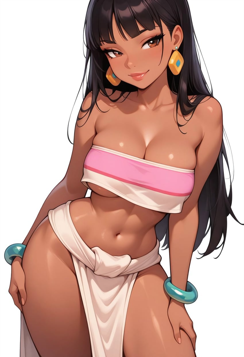 1girl, aliaaaaania, bangle, bangs, bare_shoulders, black_hair, blunt_bangs, blush