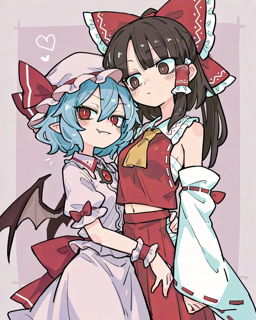 2girls, absurdres, bare_shoulders, bat_wings, blue_hair, blush, bow, breasts