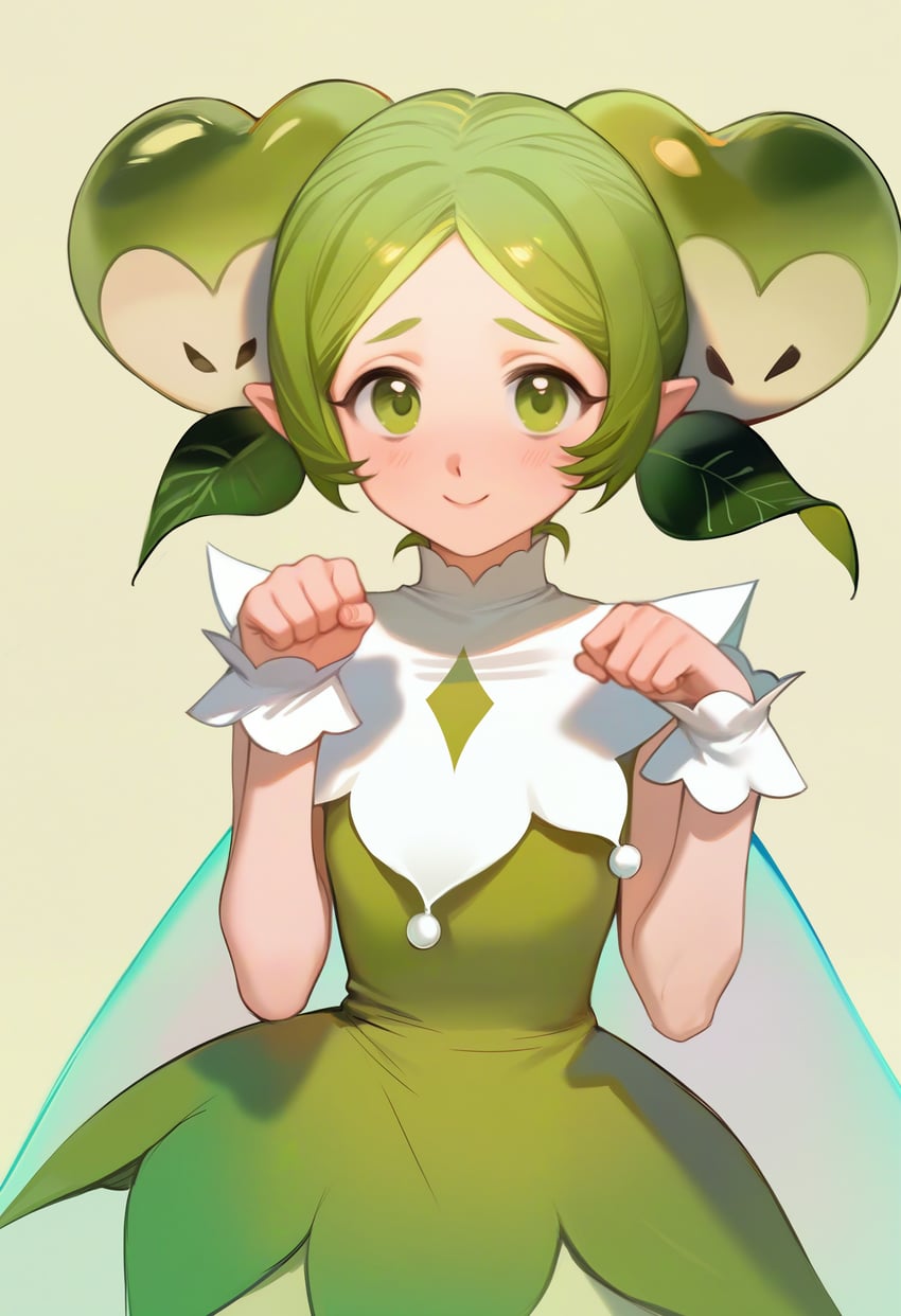 1girl, absurdres, apple_faerie_cookie, character_request, closed_mouth, cococolacake, collar, cookie_run, cookie_run:_kingdom, dress, fairy_wings, green_background, green_dress, green_eyes, green_hair, hair_ornament, hands_up, highres, incredibly_absurdres, leaf_hair_ornament, light_blush, looking_at_viewer, parted_hair, paw_pose, pointy_ears, self-upload, short_hair, sih, simple_background, smile, solo, white_collar, wings, wrist_cuffs