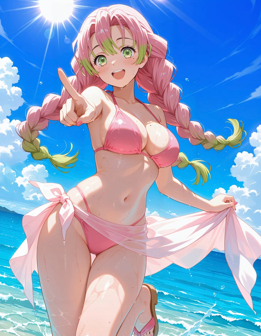 1girl, absurdres, bikini, blue_sky, braid, edward_no_genso, gradient_hair, green_eyes