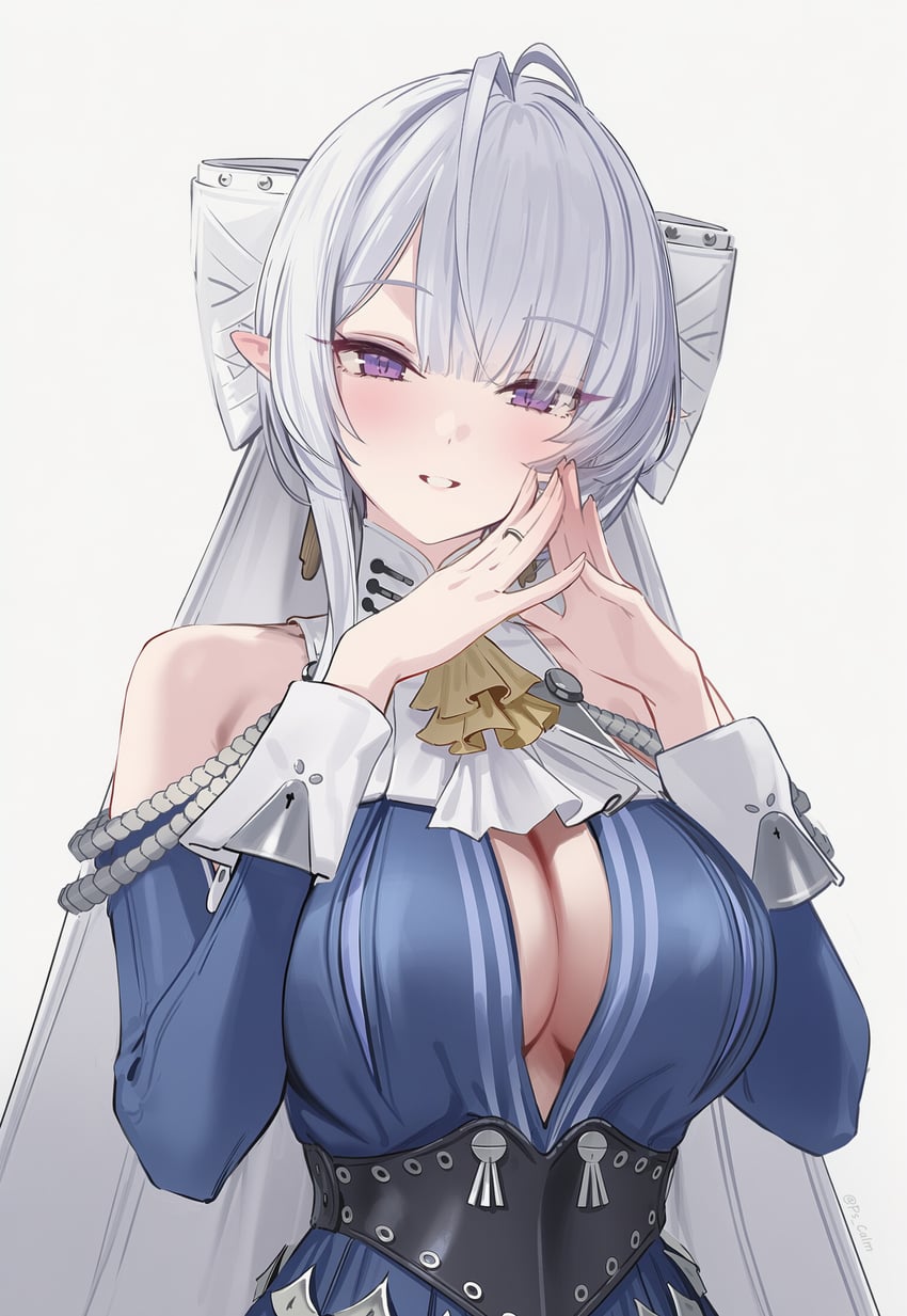 1girl, ascot, blush, breasts, cleavage, commentary, detached_sleeves, grey_hair