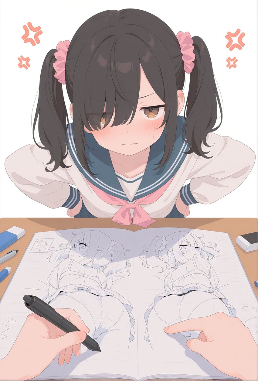 1girl, 1other, angry, ass, bent_over, black_hair, blue_sailor_collar, blush