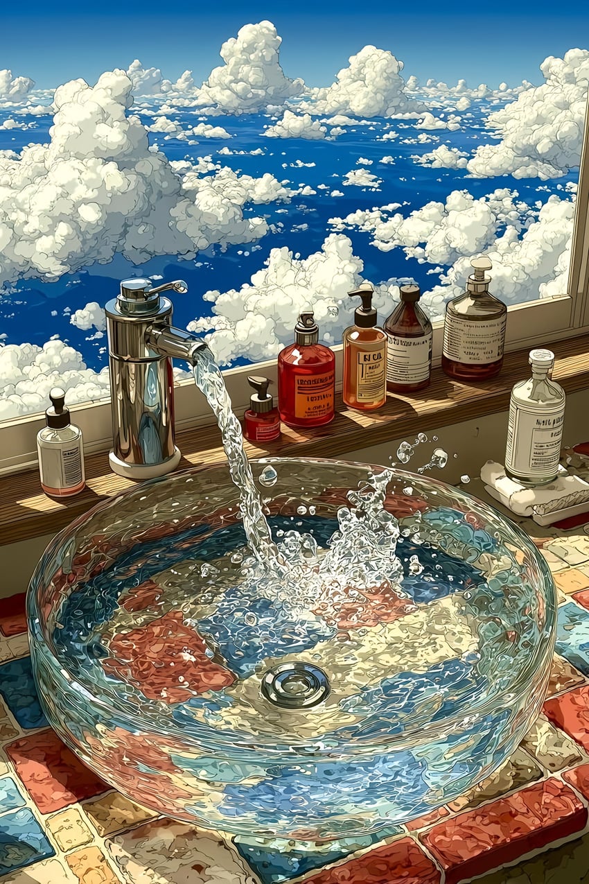 above_clouds, absurdres, artist_request, blue_sky, bottle, cloud, cosmetics, faucet