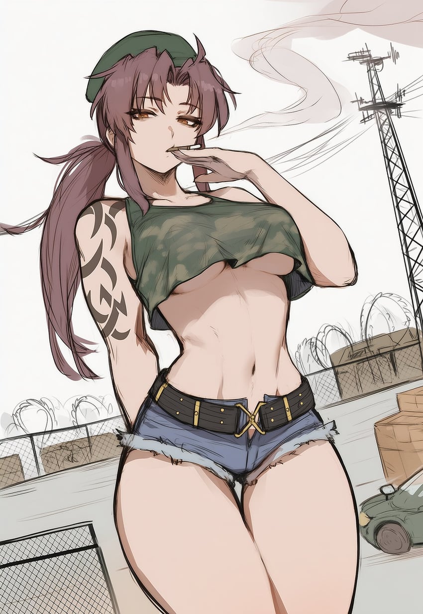 1girl, barbed_wire, bare_shoulders, belt, belt_buckle, black_belt, black_lagoon, blue_shorts