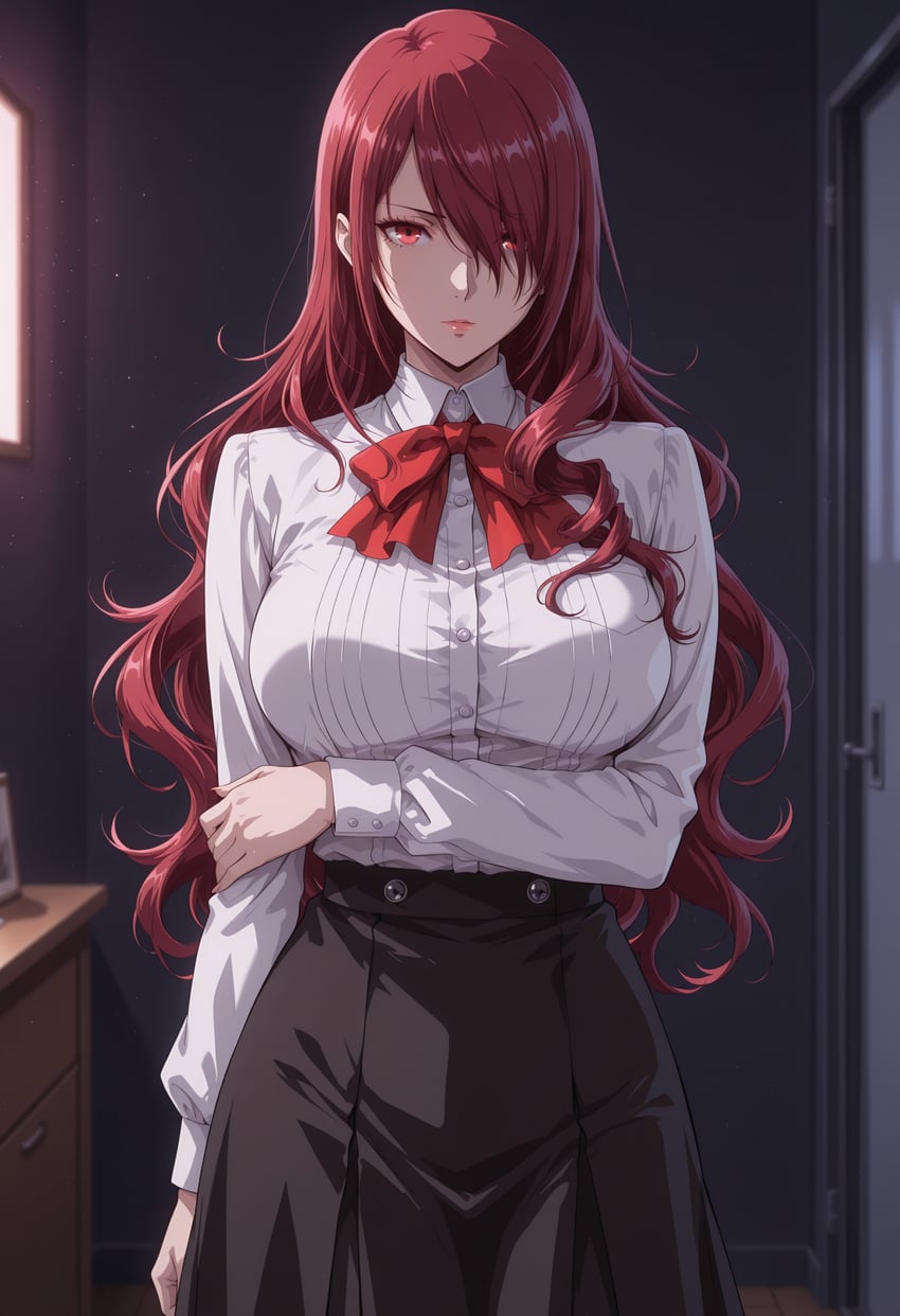 1girl, absurdres, bad_hands, bangs, black_skirt, booby5291, bow, bowtie