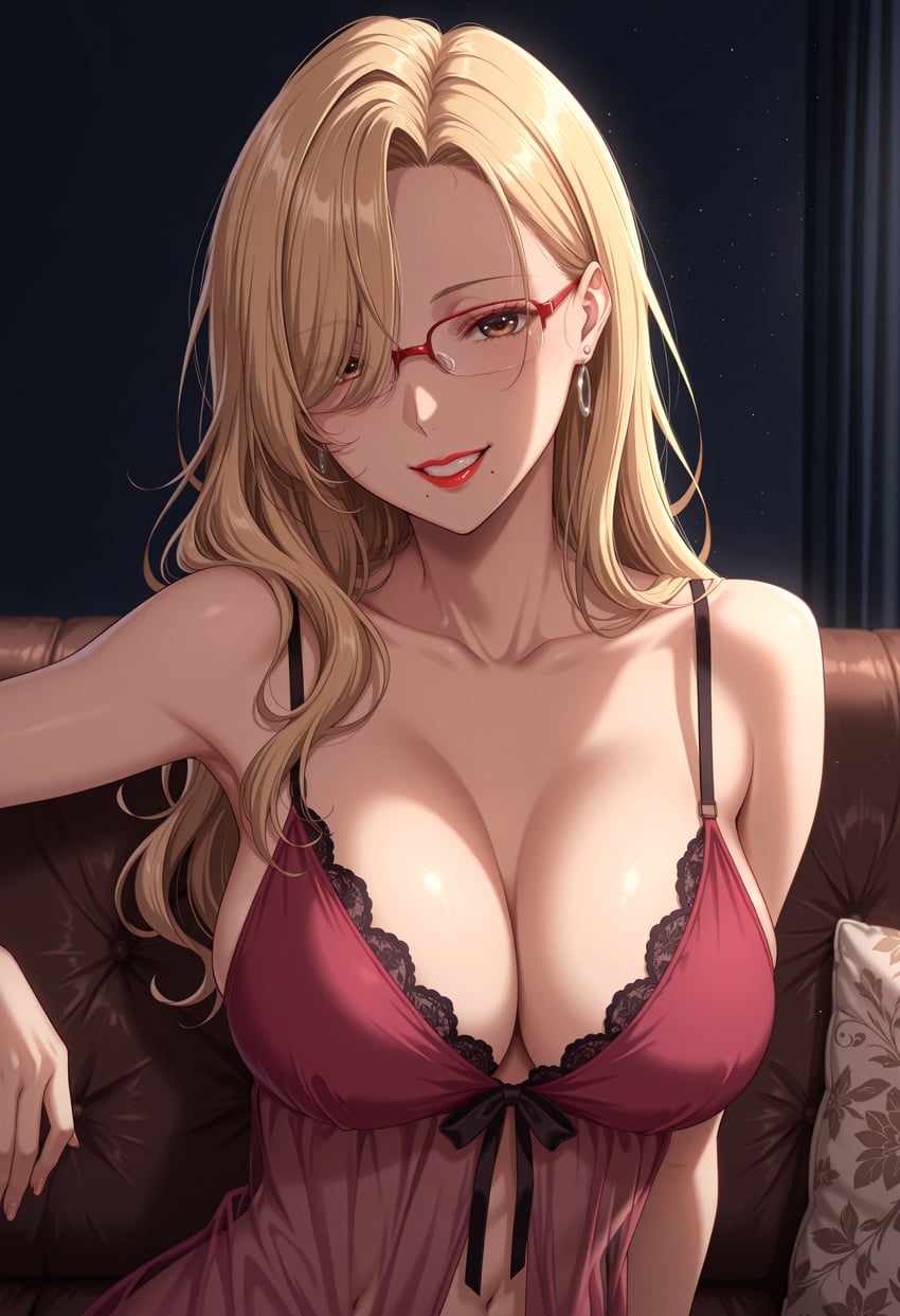 1girl, absurdres, ballroom_e_youkoso, bangs, blonde_hair, blush, booby5291, breasts, cleavage, collarbone, couch, curtains, earrings, glasses, highres, hyoudou_marisa, incredibly_absurdres, jewelry, large_breasts, light_blush, lipstick, long_hair, looking_at_viewer, makeup, navel, nightgown, on_couch, pillow, red-framed_eyewear, smile, solo, solo_focus