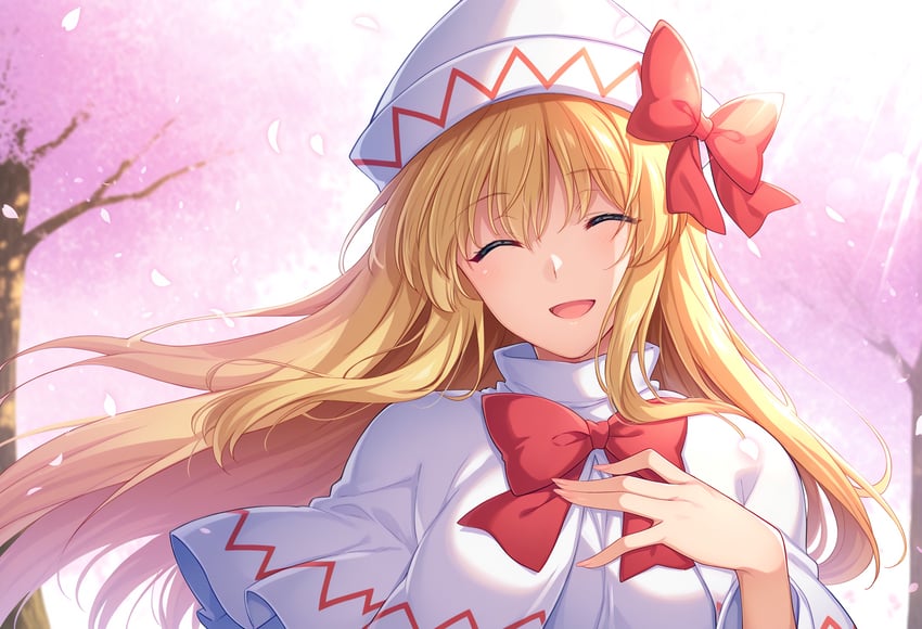 1girl, :d, ^_^, blonde_hair, blurry, blurry_background, bow, bowtie