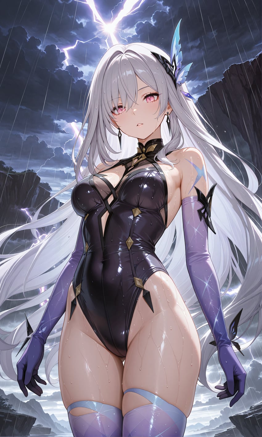 1girl, absurdres, black_leotard, butterfly_hair_ornament, edward_no_genso, elbow_gloves, genshin_impact, gloves