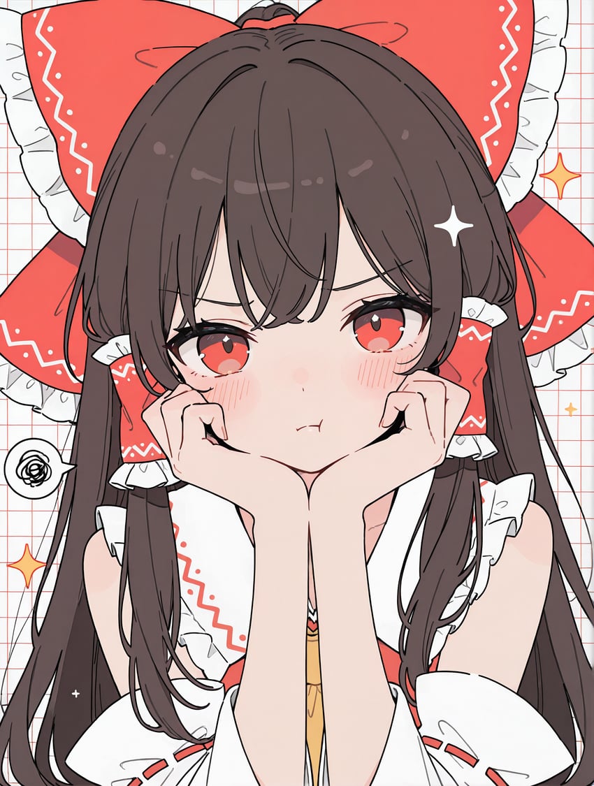 1girl, :t, ascot, blush, bow, brown_hair, closed_mouth, commentary