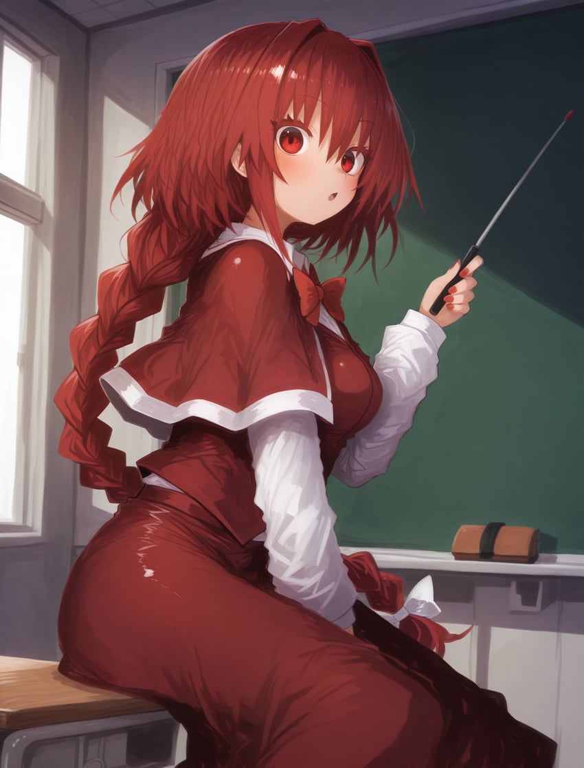 1girl, between_legs, blush, board_eraser, bow, bowtie, braid, breasts