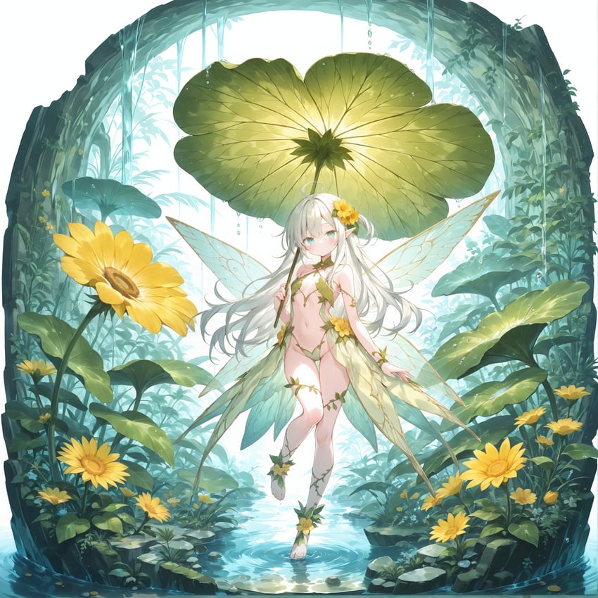 1girl, absurdres, ahoge, aqua_eyes, breasts, coolsyo, fairy, fairy_wings