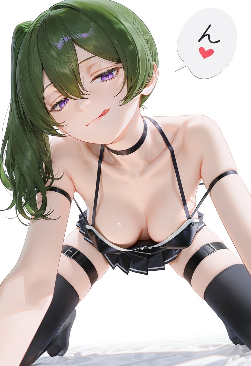 1girl, all_fours, armpit_crease, black_dress, black_thighhighs, breasts, closed_mouth, collarbone