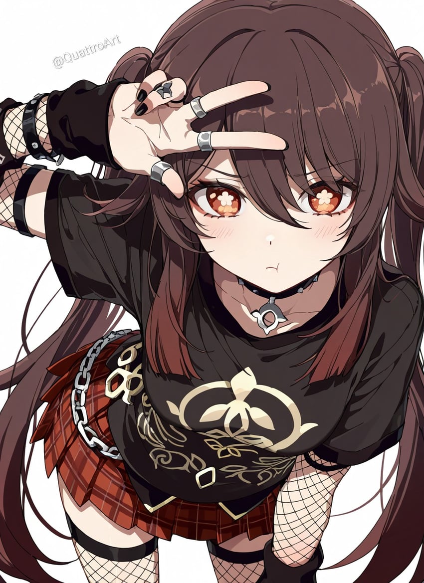 1girl, alternate_costume, arm_up, black_choker, black_shirt, brown_hair, chain, choker