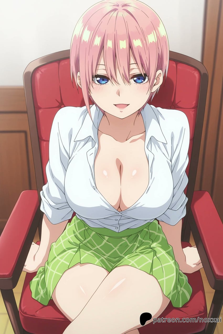 1girl, bangs, blue_eyes, blush, breasts, cleavage, collarbone, go-toubun_no_hanayome