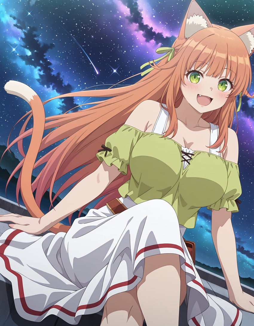 1girl, :d, animal_ear_fluff, animal_ears, bare_shoulders, belt, blush, breasts