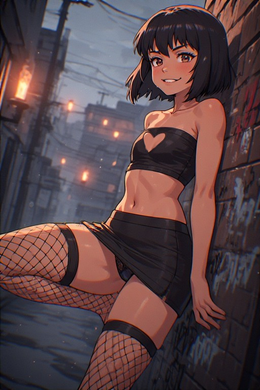 1girl, back_alley, bare_shoulders, belly, black_hair, black_skirt, black_tube_top, breasts, brick_wall, brown_hair, city, city_lights, cleavage_cutout, clothing_cutout, cloud, cloudy_sky, dirt, fishnets, heart_cutout, ivyrose, lace, lace_panties, leaning_against_wall, loli, looking_at_viewer, lowres, microskirt, navel, non-web_source, original, outdoors, panties, panty_peek, prostitution, road, self-upload, short_hair, skirt, sky, small_breasts, smile, strapless, street, thighhighs, thighs, tube_top, twilight, underwear, urban, wire