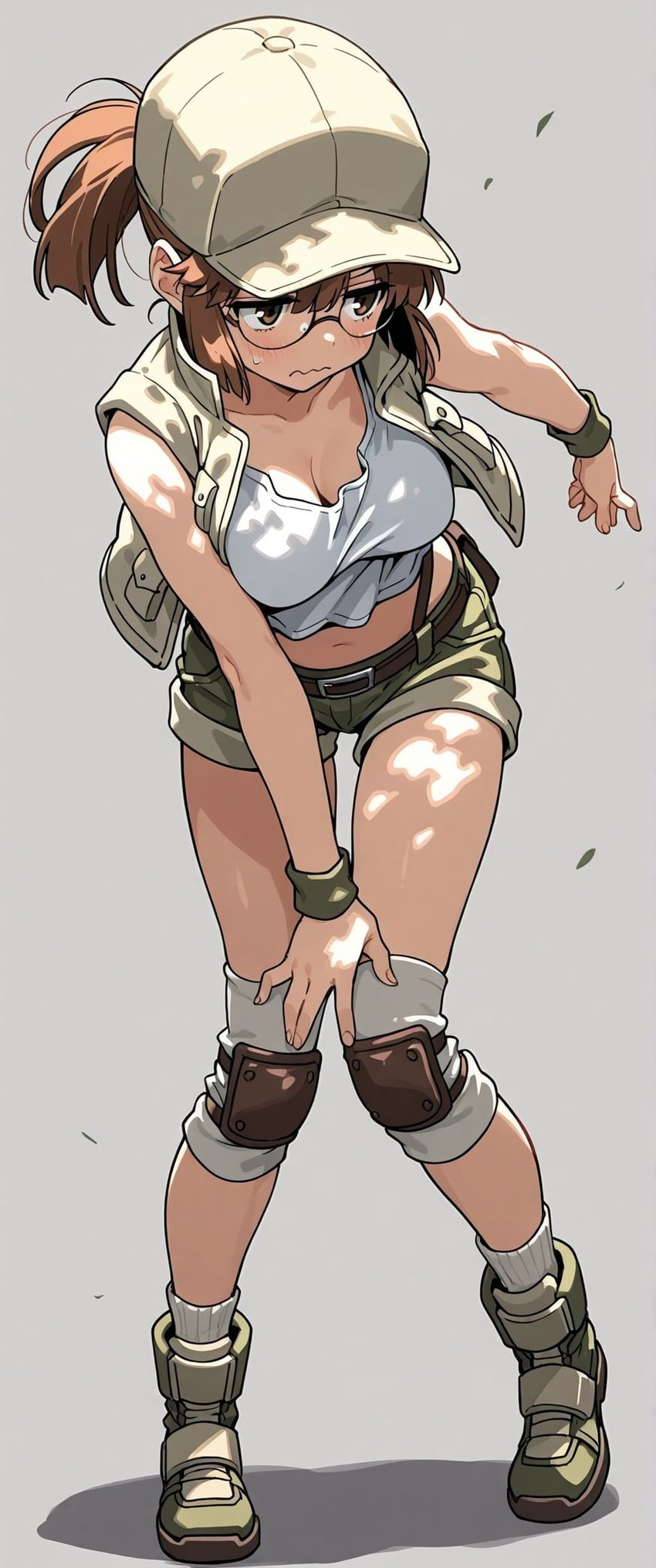 1girl, bad_hands, baseball_cap, boots, breasts, brown_eyes, brown_hair, cleavage, commentary, crop_top, error, fio_germi, full_body, glasses, hat, japanese_commentary, knee_pads, large_breasts, metal_slug, midriff, navel, ponytail, purisima, round_eyewear, short_shorts, shorts, sleeveless, solo, standing, wristband