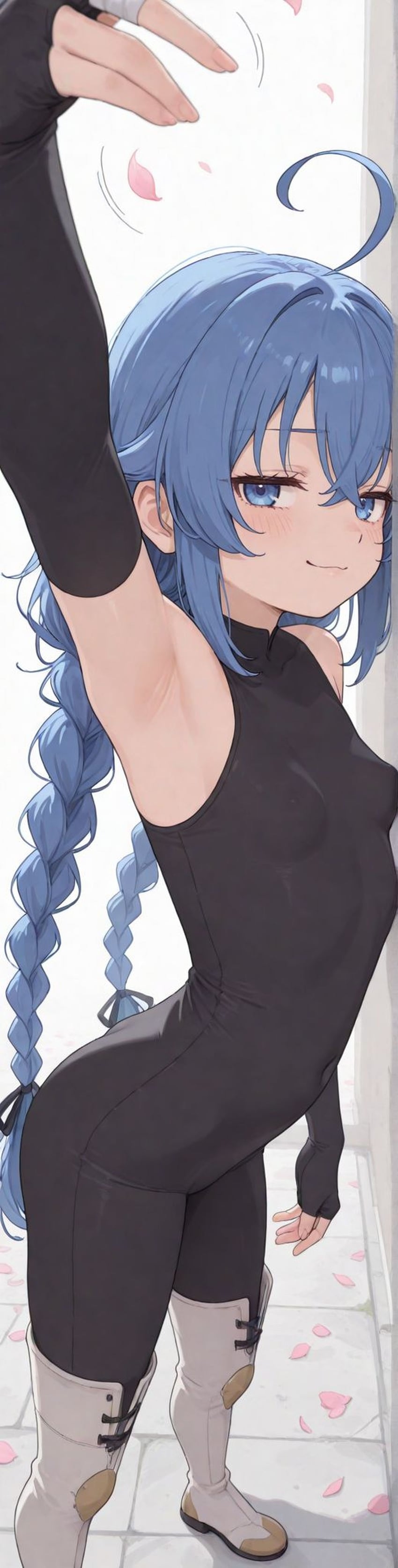 1girl, absurdres, ahoge, armpits, black_bodysuit, black_sleeves, blue_eyes, blue_hair