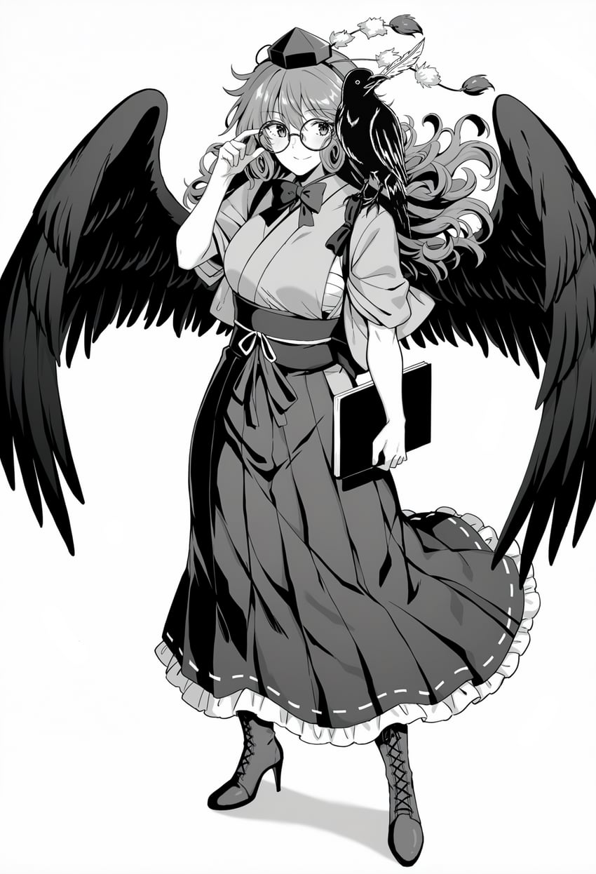 1girl, 4chan, adjusting_eyewear, aged_up, animal_on_shoulder, bird, bird_on_shoulder, black_bird