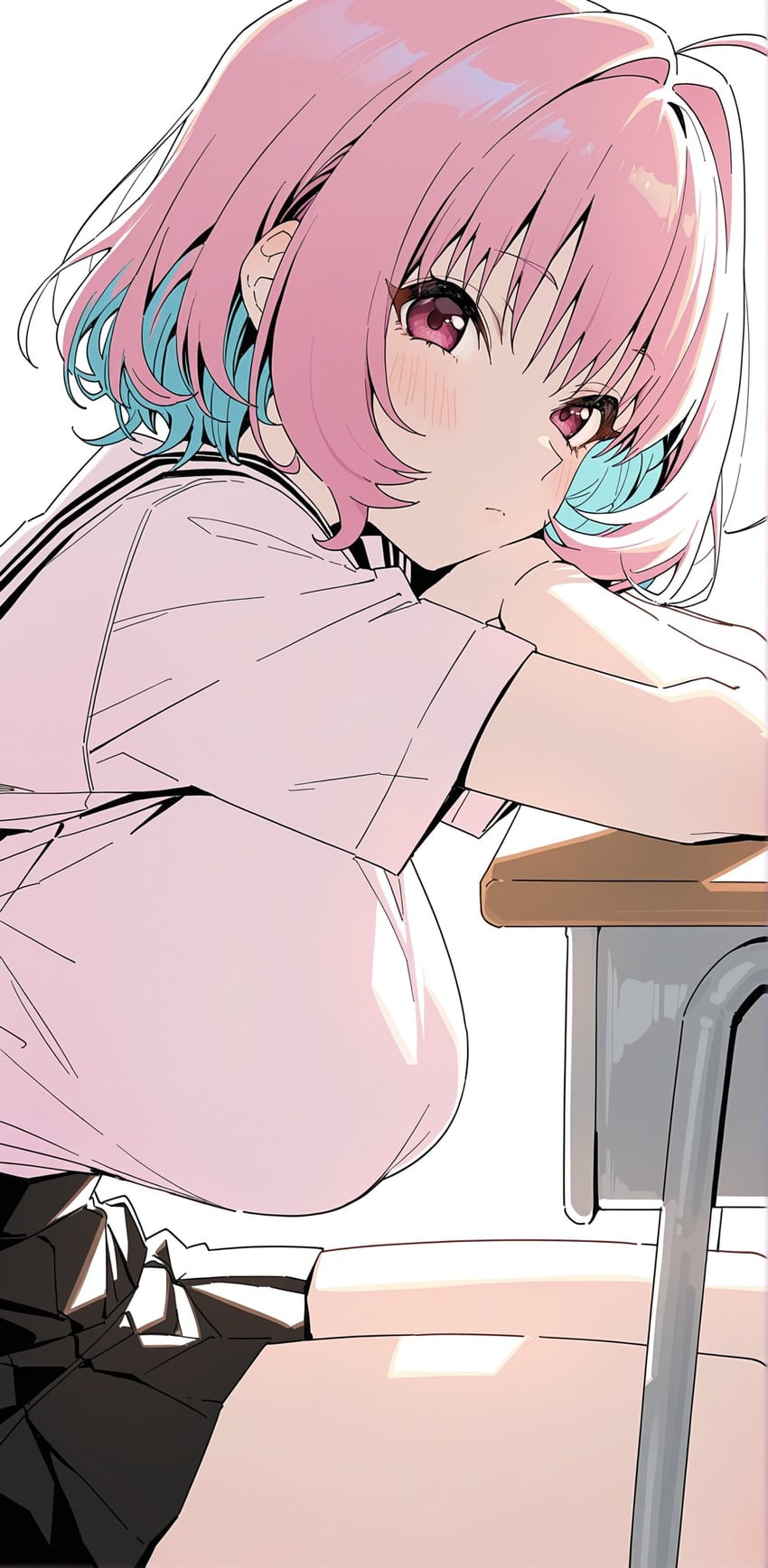 1girl, ahoge, aqua_hair, bangs, black_skirt, blush, breasts, closed_mouth