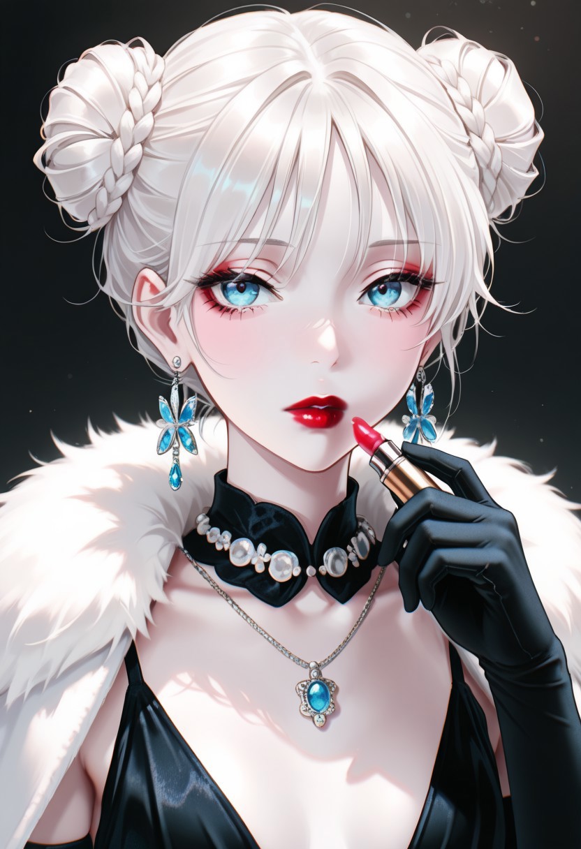 1girl, applying_makeup, bangs, black_background, black_dress, black_gloves, blue_eyes, blue_gemstone