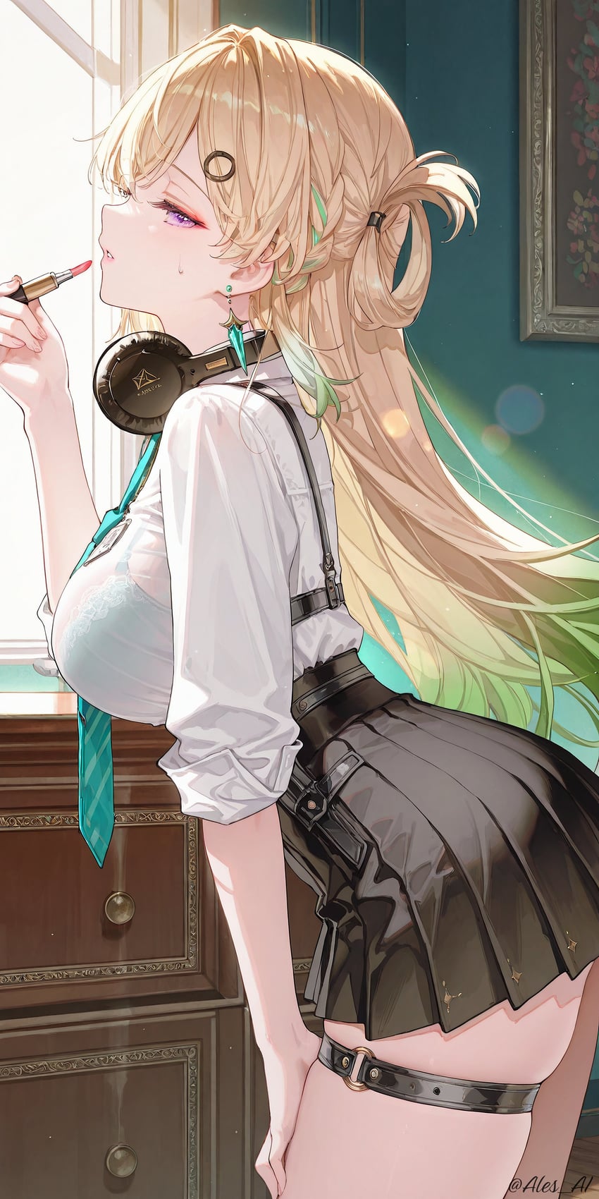 1girl, absurdres, ales_ai, artist_name, black_skirt, blonde_hair, blue_bra, bra