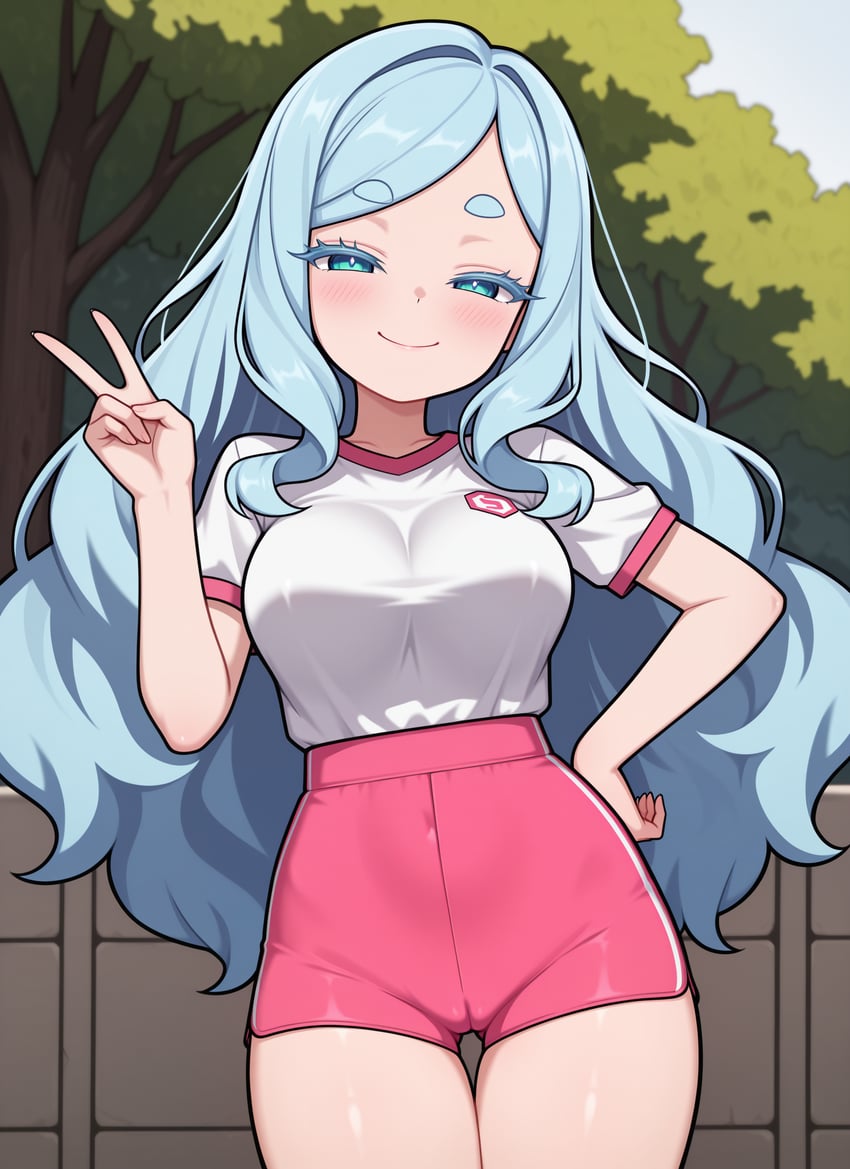 1girl, absurdres, blue_eyes, blue_hair, blush, breasts, cameltoe, colored_eyelashes