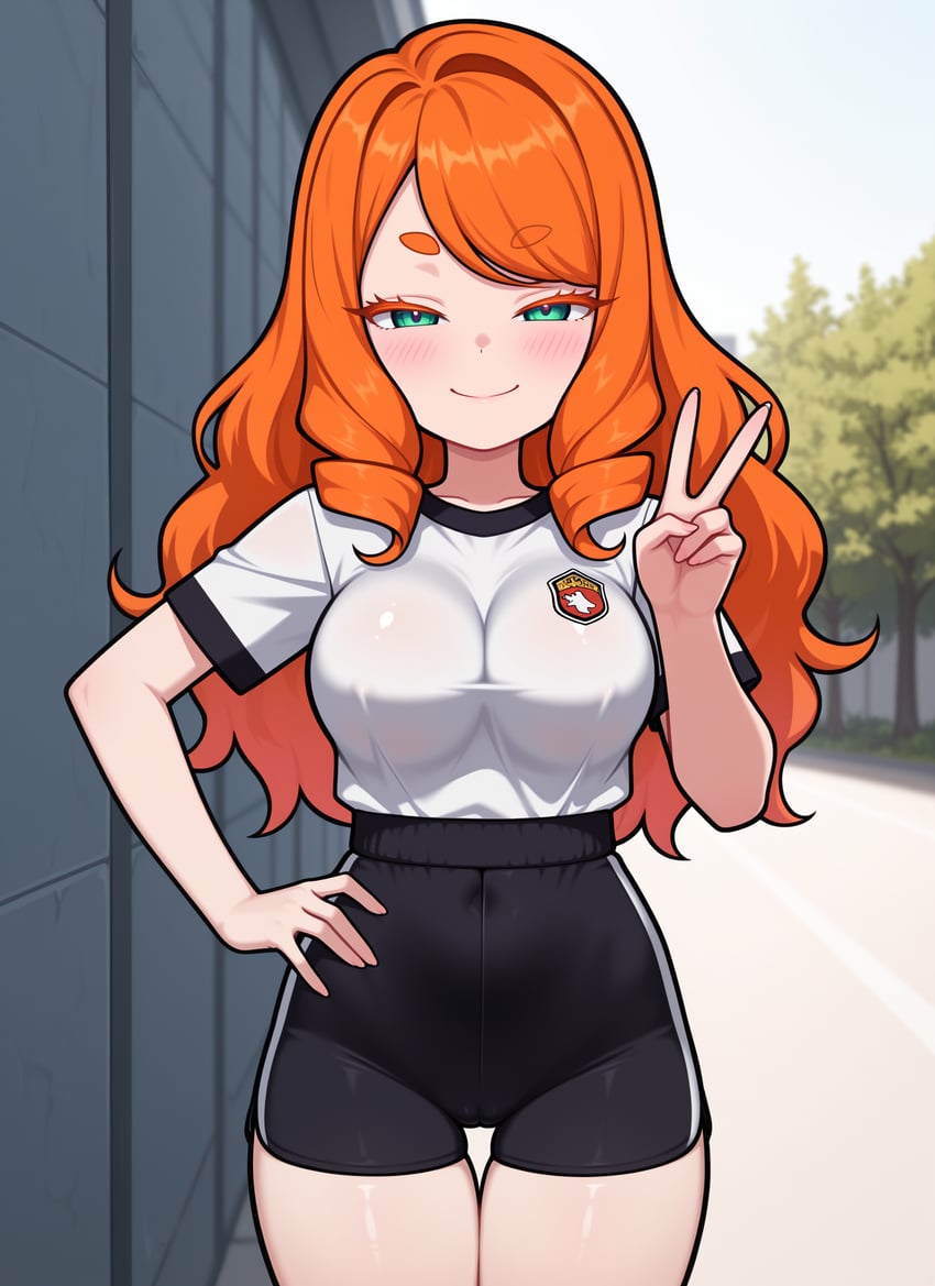 1girl, absurdres, bangs, blush, breasts, cameltoe, colored_eyelashes, covered_navel