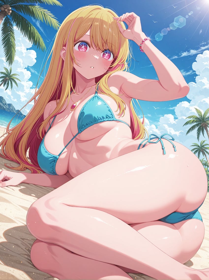 1girl, animal, arm_support, ass, bad_hands, bare_shoulders, beach, bikini, bird, blonde_hair, blue_bikini, blue_sky, blush, bracelet, breasts, bush, cameltoe, cleavage, cloud, coconut, coconut_tree, collarbone, colored_inner_hair, day, dutch_angle, error, extra_finger, eyebrows_visible_through_hair, feet_out_of_frame, fingernails, frown, glint, hair_intakes, hand_up, highres, horizon, hoshino_ruby, huge_ass, huge_breasts, jewelry, light_particles, light_rays, long_hair, long_sidelocks, luminix, lying, multicolored_hair, necklace, ocean, official_style, on_side, oshi_no_ko, outdoors, palm_tree, parted_lips, pendant, pink_eyes, pink_gemstone, pink_hair, raised_eyebrows, rock, sand, shadow, shiny, shiny_clothes, shiny_skin, side-tie_bikini_bottom, sidelighting, sidelocks, sky, solo, star-shaped_pupils, star_(symbol), streaked_hair, string_bikini, sunbeam, sunlight, sweat, swimsuit, symbol-shaped_pupils, thick_thighs, thighs, tree, underboob, white_bird