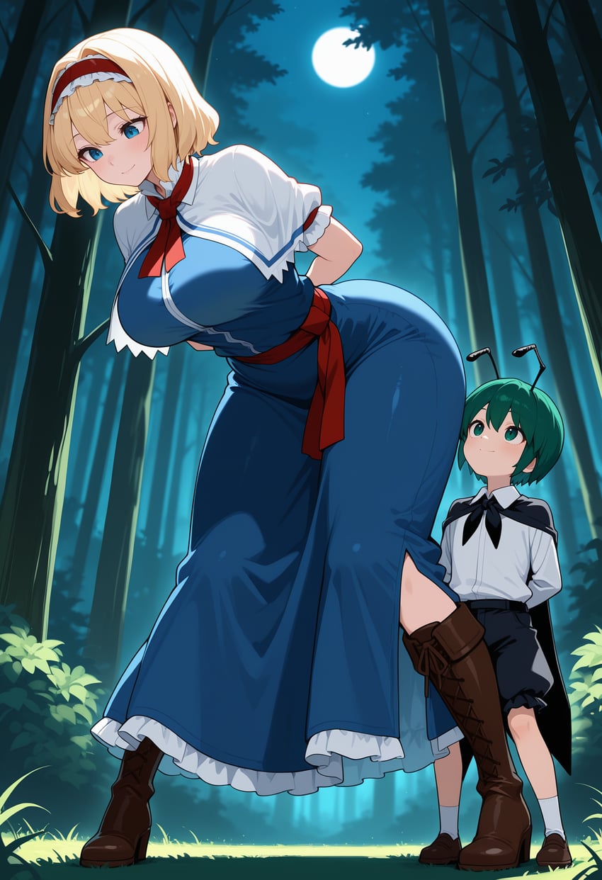 1boy, 1girl, alice_margatroid, antennae, arms_behind_back, bangs, belt, blonde_hair