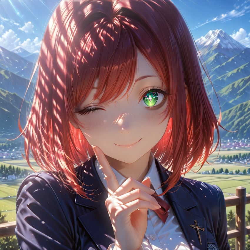 +_+, 1girl, ;), bangs, blazer, blue_jacket, blue_sky, blurry