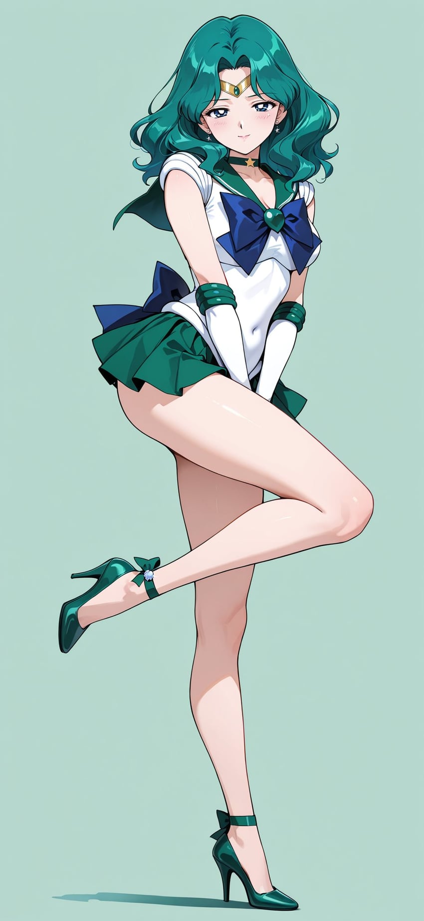 1girl, ankle_strap, arms_between_legs, bishoujo_senshi_sailor_moon, blue_bow, blue_eyes, bow, breasts, choker, circlet, cleavage, closed_mouth, commentary, covered_navel, curtained_hair, earrings, elbow_gloves, eyebrows_visible_through_hair, forehead, full_body, gem, gloves, green_background, green_choker, green_footwear, green_gemstone, green_hair, green_skirt, high_heels, japanese_commentary, jewelry, kagehaji4321, kaiou_michiru, large_breasts, legs, leotard, looking_at_viewer, metadata_request, model_request, sailor_neptune, sailor_senshi_uniform, shadow, simple_background, skirt, smile, solo, standing, standing_on_one_leg, star_(symbol), star_choker, thighs, white_gloves, white_leotard