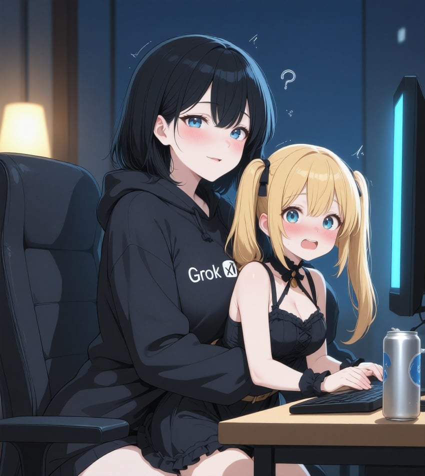 2girls, ?, ani_(xai), armchair, bangs, black_collar, black_dress, black_hoodie