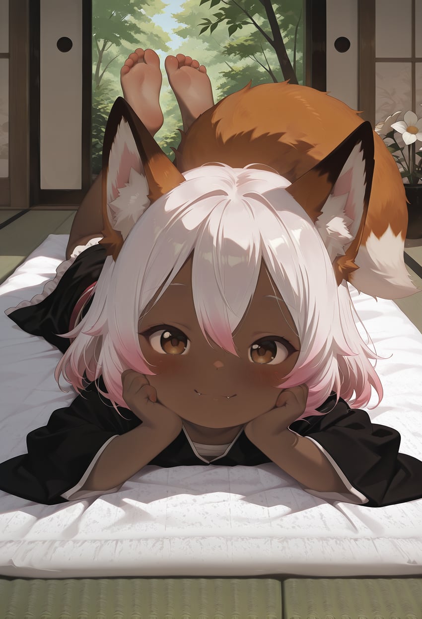 1girl, animal_ear_fluff, animal_ears, barefoot, black_kimono, blush, brown_eyes, closed_mouth, dark-skinned_female, dark_skin, fangs, fangs_out, feet, feet_up, flower, fox_ears, fox_girl, fox_tail, full_body, futon, gradient_hair, hair_between_eyes, highres, indoors, japanese_clothes, kimono, looking_at_viewer, lora, lying, multicolored_hair, myapocalypse, non-web_source, on_stomach, original, pink_hair, prefect_illustrious_xl, sarashi, self-upload, short_hair, sliding_doors, smile, soles, solo, tail, tatami, the_pose, toes, tree, two-tone_hair, white_flower, white_hair, wide_sleeves
