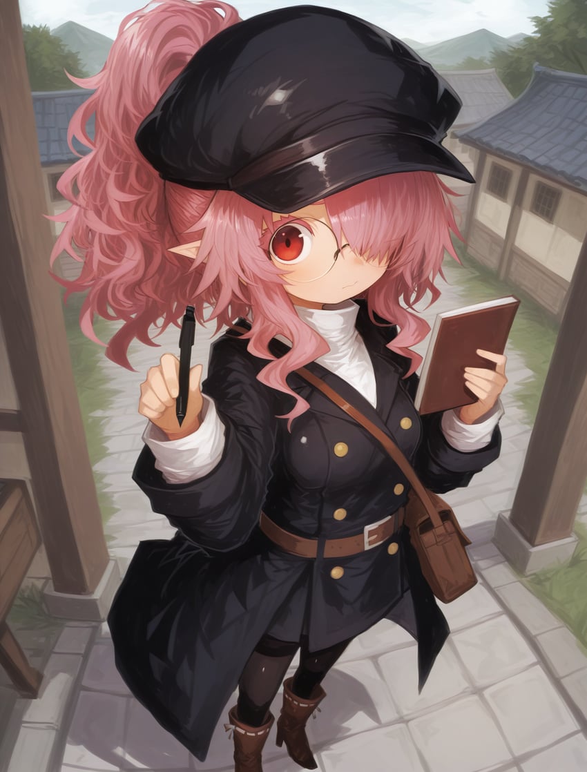 1girl, 4chan, adetailer, alternate_costume, architecture, bag, belt, black_coat