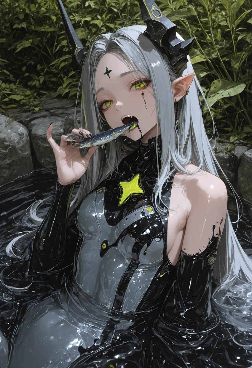 1girl, absurdres, bangs, bare_shoulders, black_nails, breasts, detached_sleeves, earrings