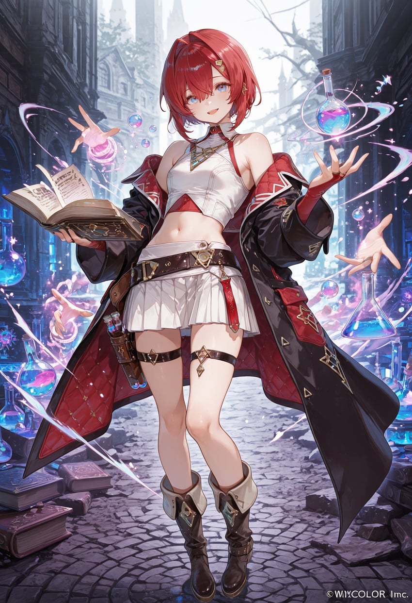 1girl, absurdres, ange_katrina, bare_shoulders, belt, black_coat, blue_eyes, book