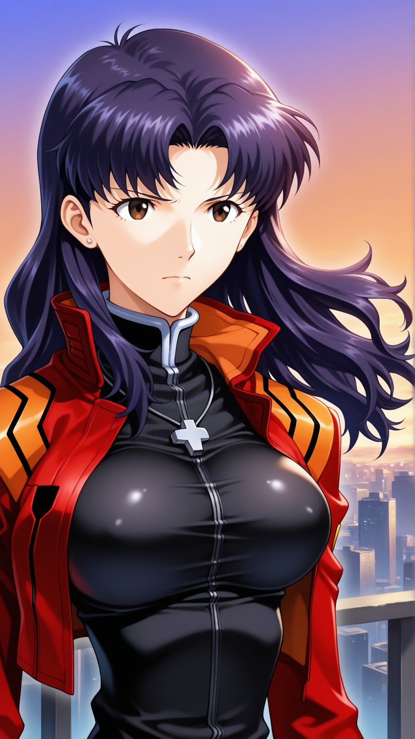 1girl, bangs, black_dress, breasts, brown_eyes, cityscape, closed_mouth, covered_nipples