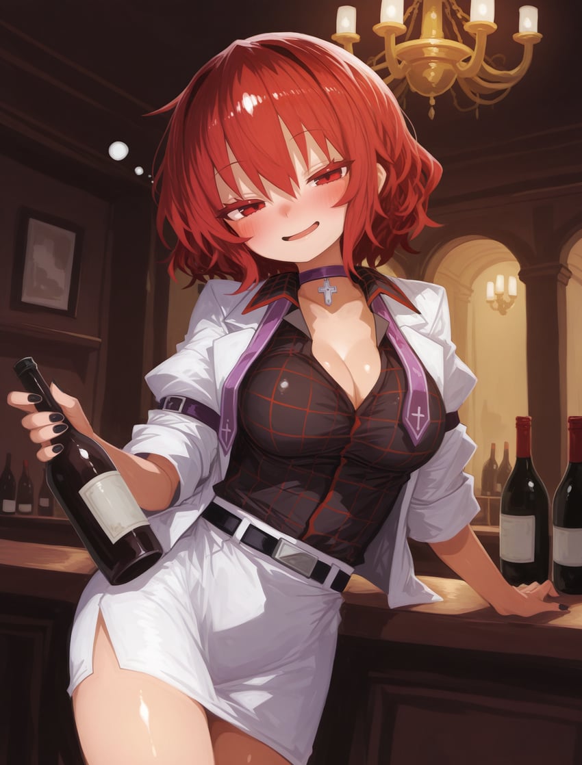 1girl, adetailer, belt, black_belt, black_nails, black_shirt, blush, bottle, breasts, chandelier, choker, chosen-mix_xl, cleavage_cutout, clothing_cutout, contrapposto, counter, cowboy_shot, cross, cross_choker, dims2_illustrious-xl_personal_merge, drunk, holding, holding_bottle, horikawa_raiko, indoors, inpainted, jacket, looking_at_viewer, lora, medium_breasts, nail_polish, narrowed_eyes, necktie, non-web_source, nose_blush, open_clothes, open_jacket, open_mouth, partially_unbuttoned, pencil_skirt, plaid, plaid_shirt, purple_choker, purple_necktie, red_eyes, red_hair, red_shirt, rikanon, self-upload, shirt, short_hair, skirt, sleeve_belt, smile, solo, squeans, touhou, undone_necktie, white_jacket, white_skirt, wine_bottle
