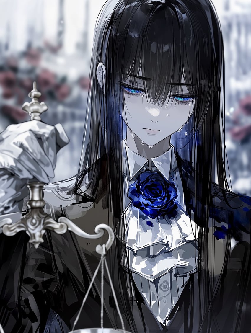1girl, androgynous, ascot, black_hair, black_suit, blue_eyes, blue_flower, blue_rose, blurry, blurry_background, blurry_foreground, closed_mouth, flower, formal, gloves, high_collar, holding_scale, lapels, long_hair, long_sidelocks, looking_down, nekowho2, original, rose, sidelocks, solo, suit, sweat, upper_body, weighing_scale, white_ascot, white_gloves