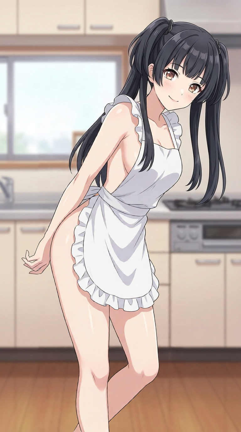 1girl, apron, arms_behind_back, bangs, black_hair, blunt_bangs, blurry, blurry_background