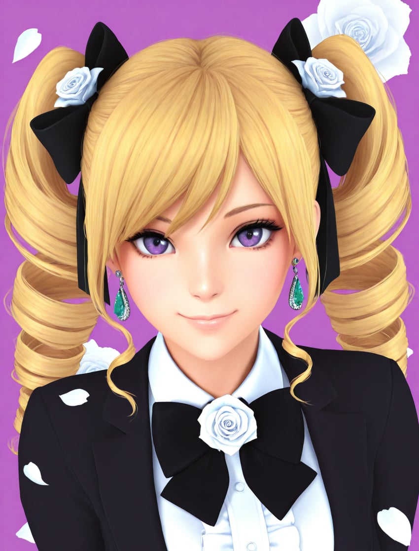 1girl, 3d, aqua_gemstone, bangs, black_bow, black_jacket, blonde_hair, bow