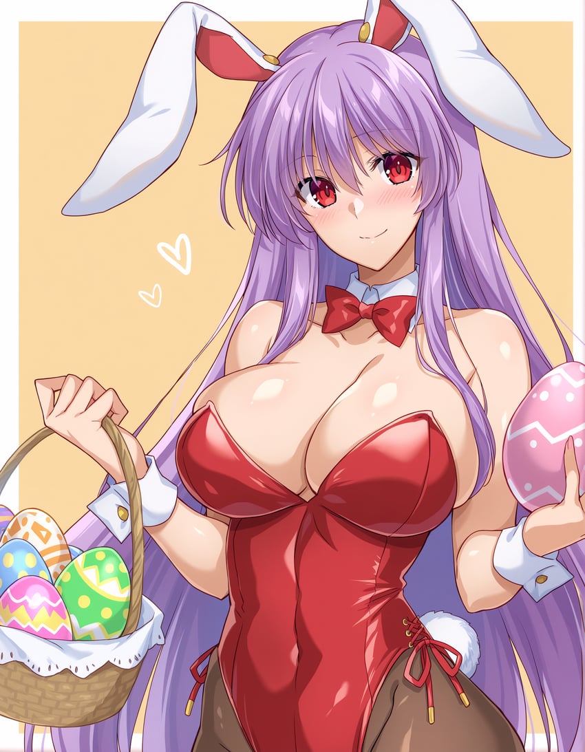 1girl, absurdres, animal_ears, basket, border, bow, bowtie, breasts